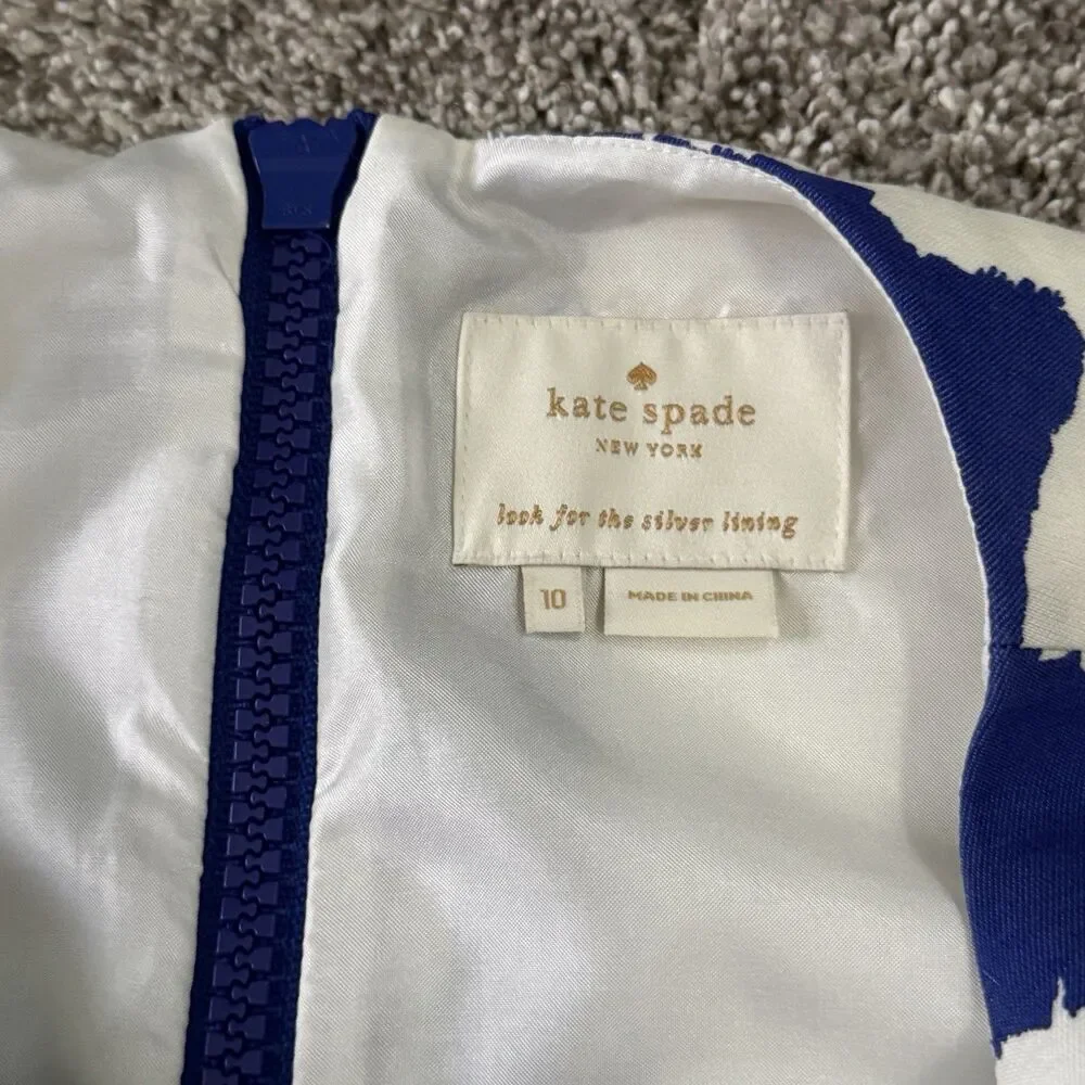 Kate Spade Abstract Print Cobalt White Cotton Silk Lined Dress Zip Size 10 - Picture 4 of 10